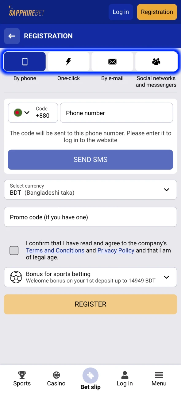 Choose your preferred registration method at SapphireBet website.